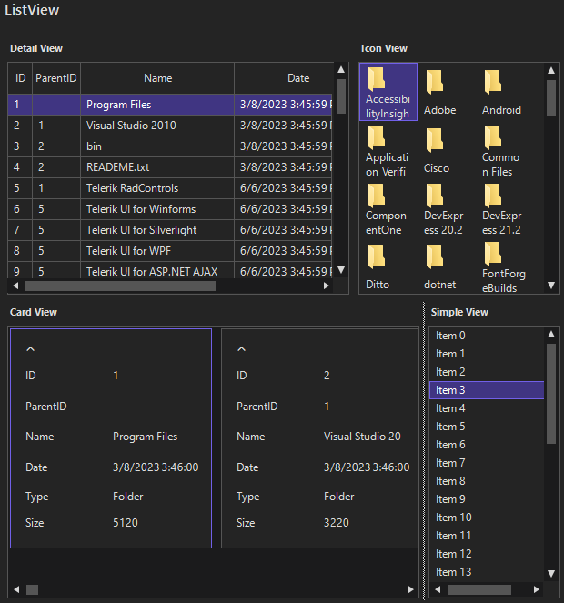 ListView in VisualStudio2022Dark - Detail view has a highilghted row, icon view has a selected folder, card view has one card in focus with a thin purple border, and simple view has a selected item in the accent color